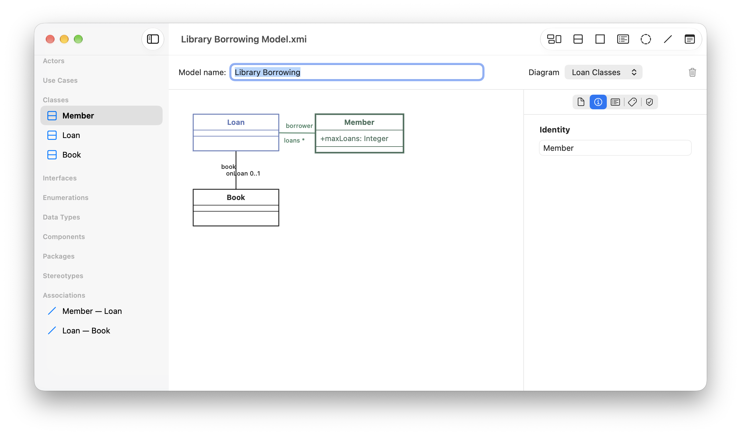 A screenshot of Axminster, showing a class diagram with Member, Loan, and Book classes.