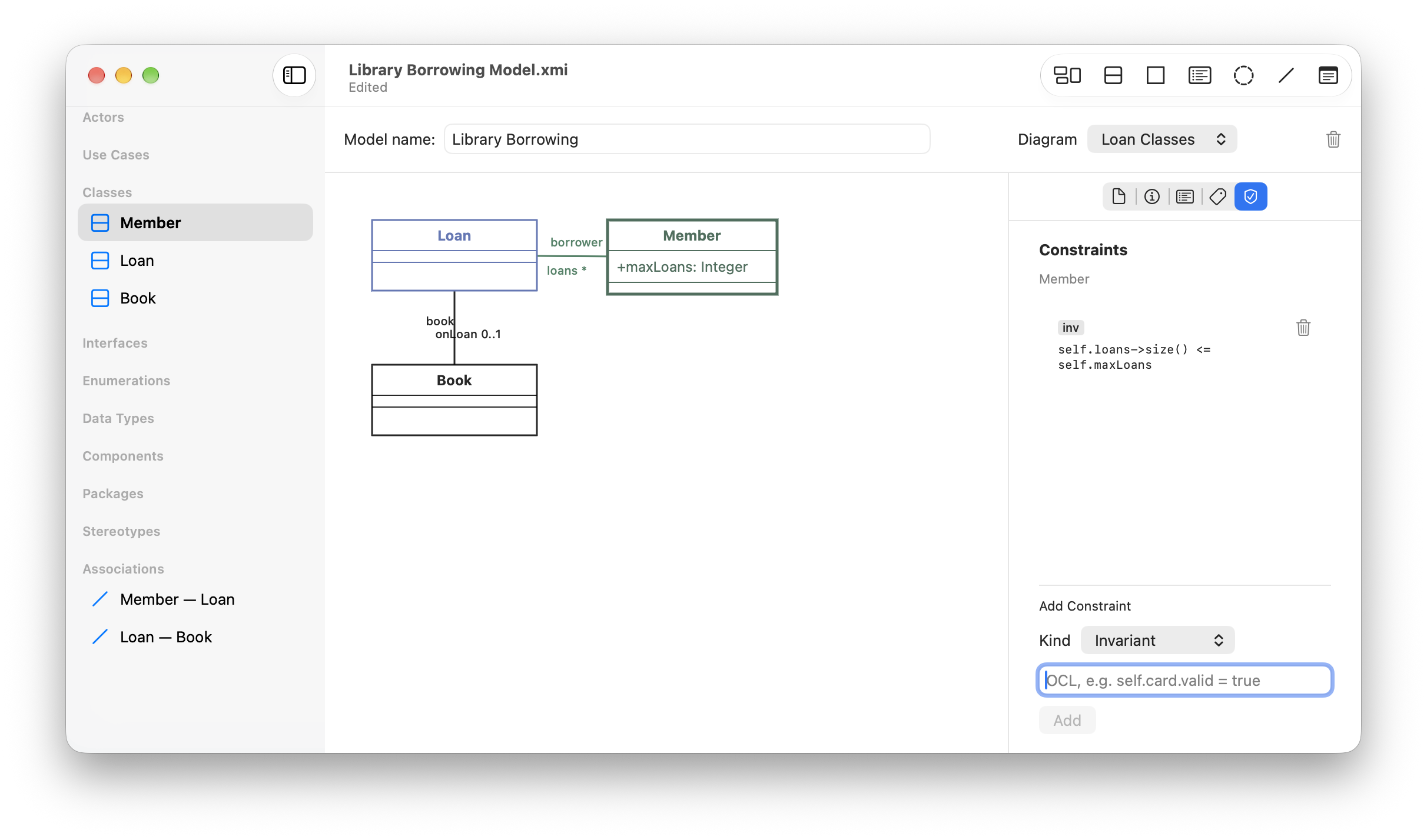 A screenshot of Axminster, showing a class diagram in which the Member class is being inspected. The class has an invariant constraint.